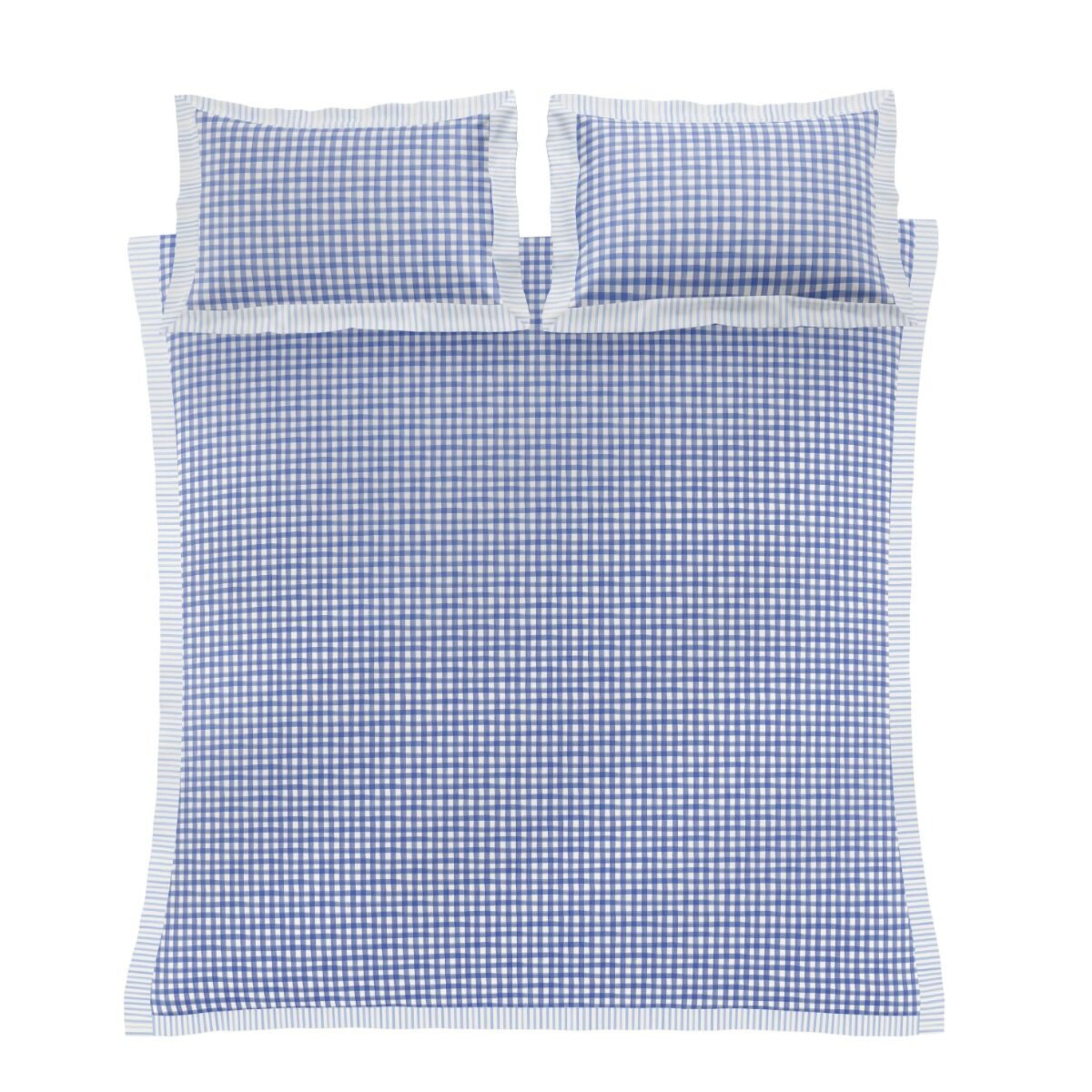 Blue and white checkered pillowcase set on a white background