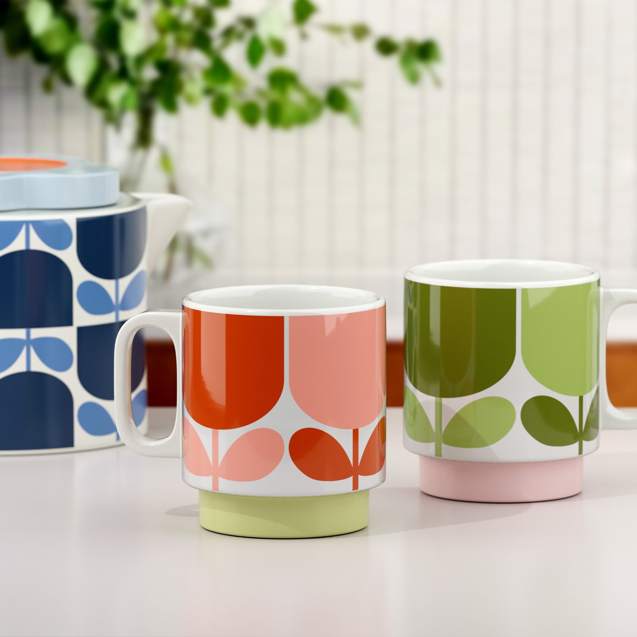 Orla Kiely Block Flower Set of Two Mugs Tomato & Fern 330ml