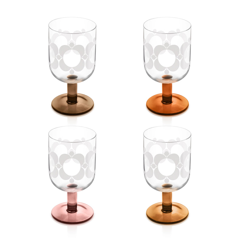 Orla Kiely Formal WIne Glasses Pink Brown Atomic Print Set of 4