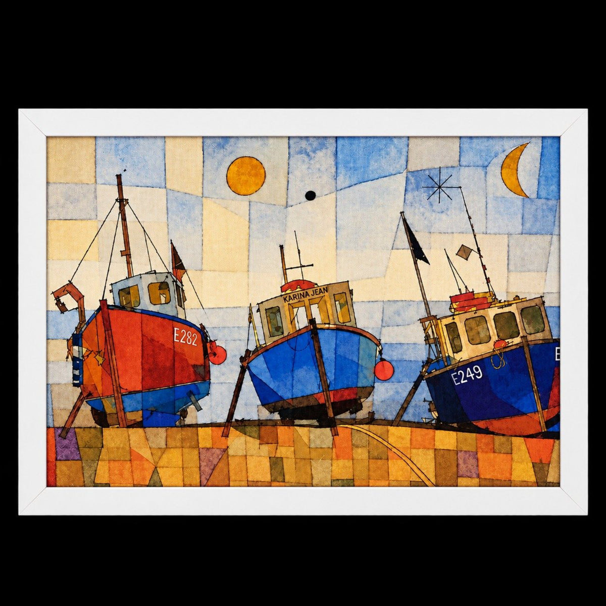 A framed art print featuring a colorful mosaic-style illustration of three fishing boats docked against a blue and cream checkered sky with a sun and moon.