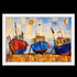A framed art print featuring a colorful mosaic-style illustration of three fishing boats docked against a blue and cream checkered sky with a sun and moon.