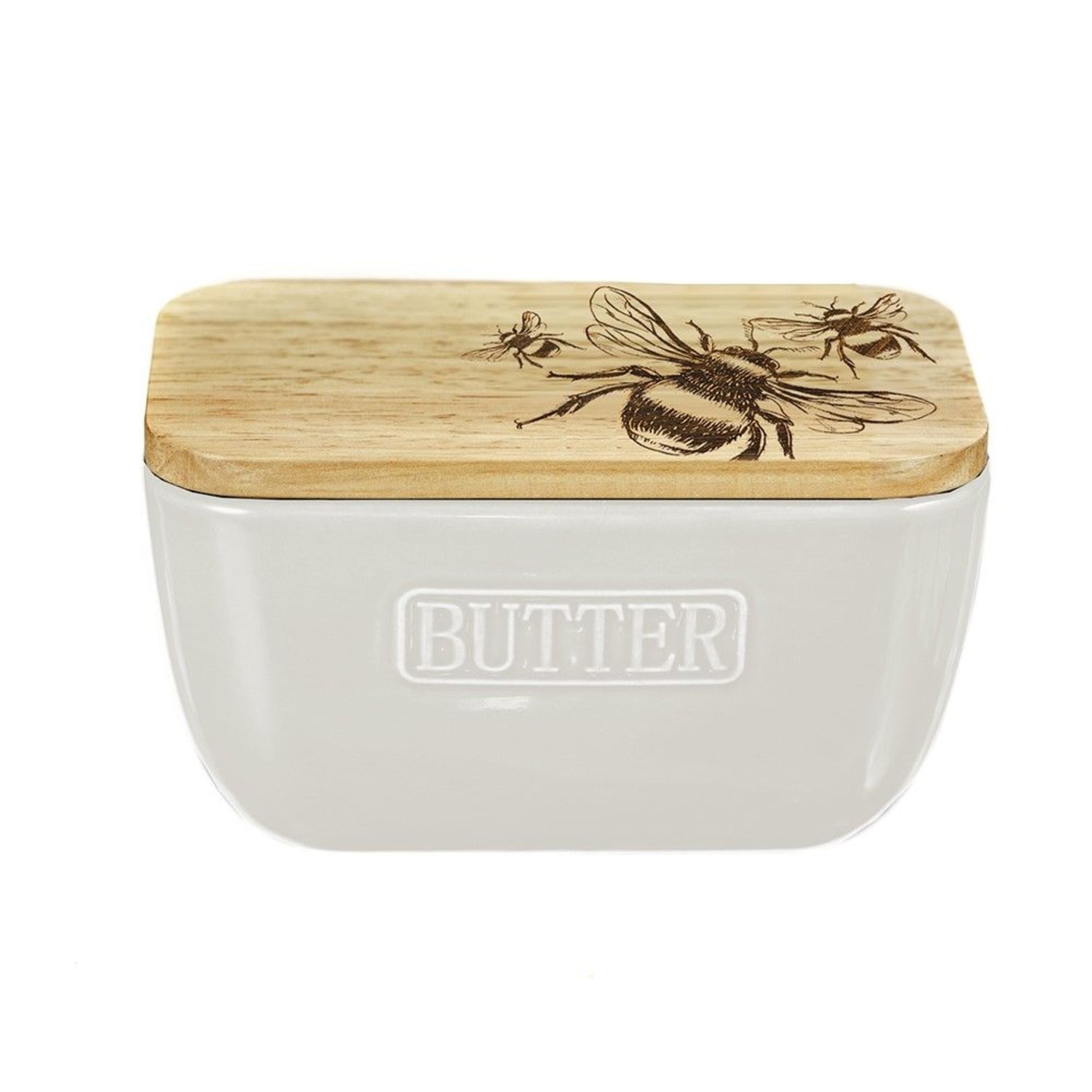 Selbrae House Bee Oak and Ceramic Butter Dish - White