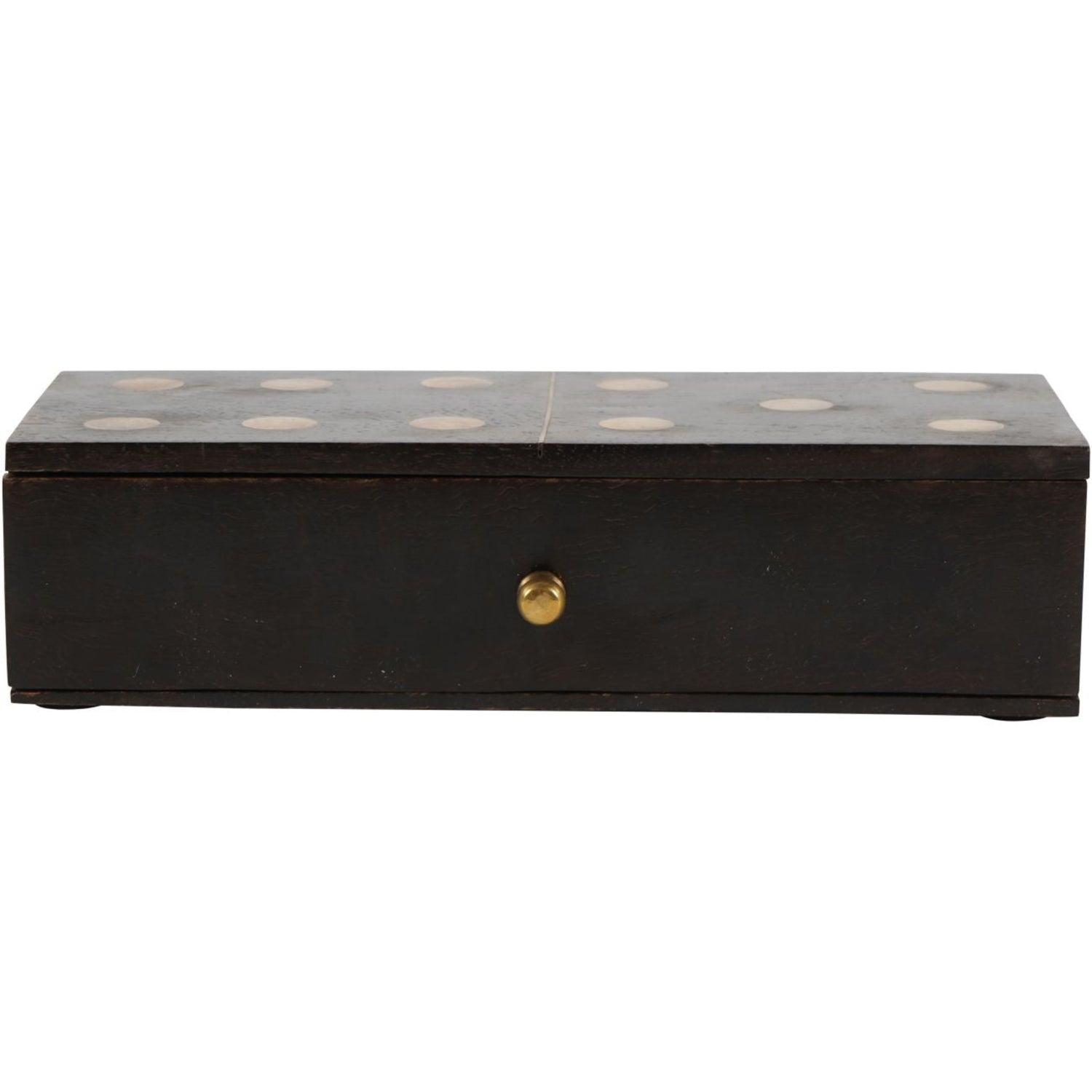 Black wooden box with gold accents on a white background