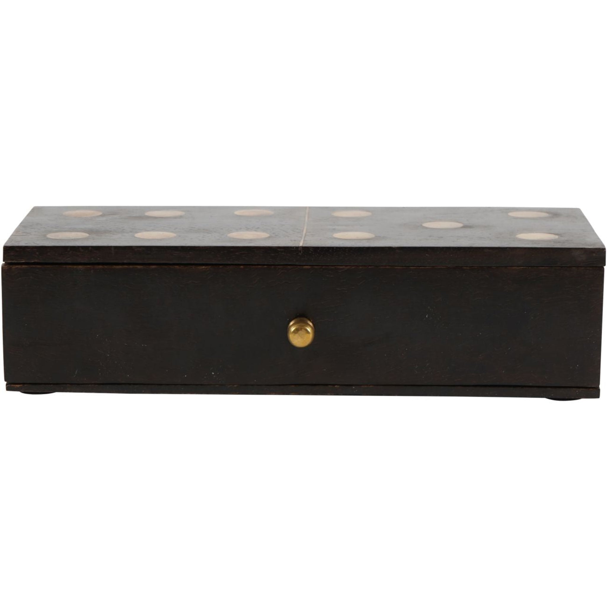 Black wooden box with gold accents on a white background