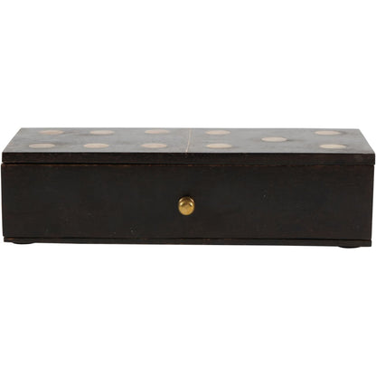 Black wooden box with gold accents on a white background