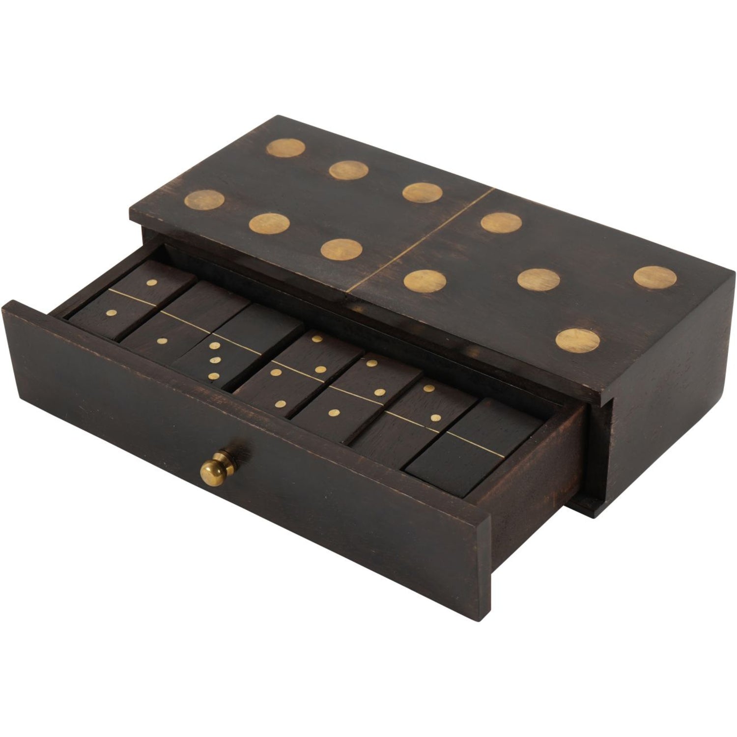 Wooden domino set with gold dots on a white background