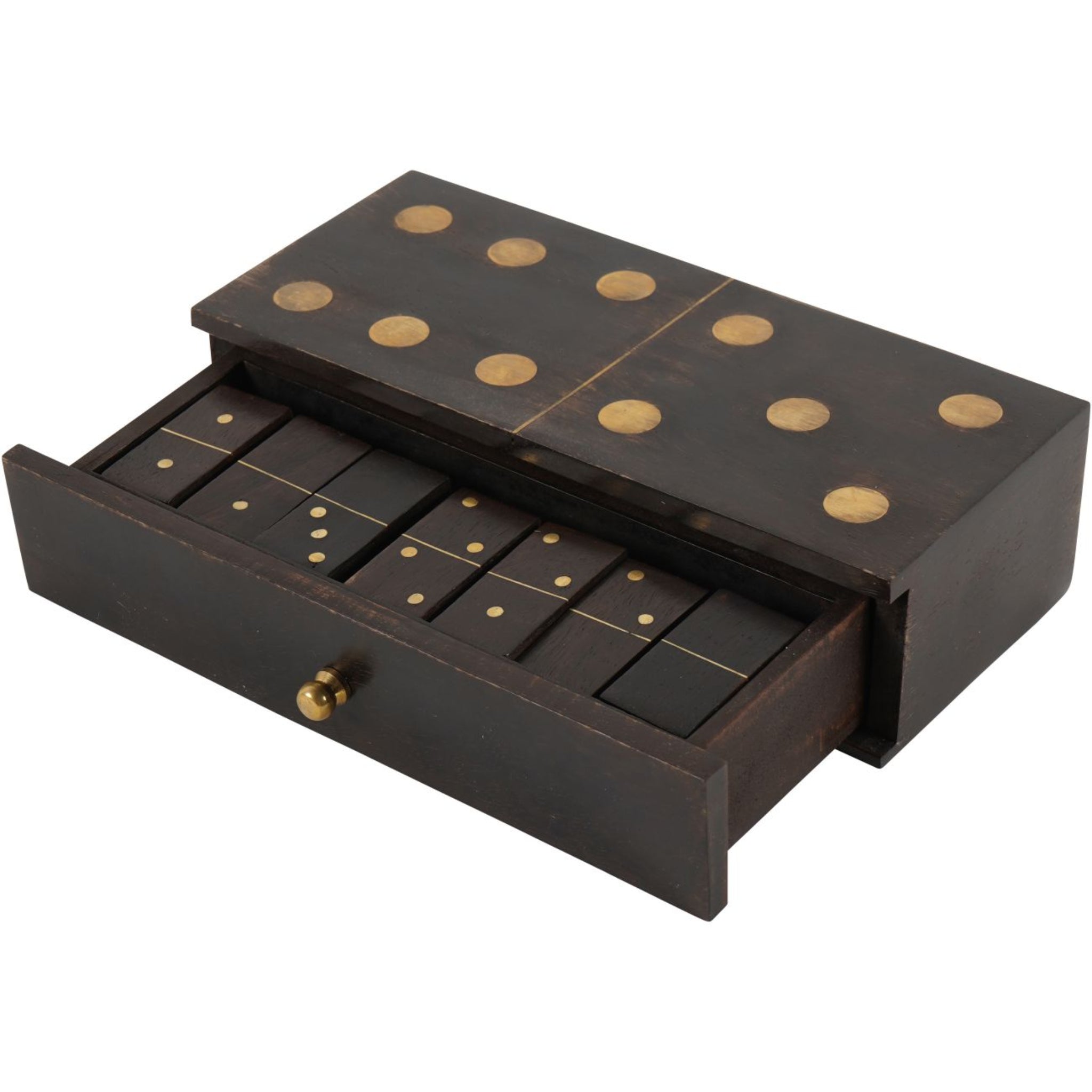 Wooden domino set with gold dots on a white background