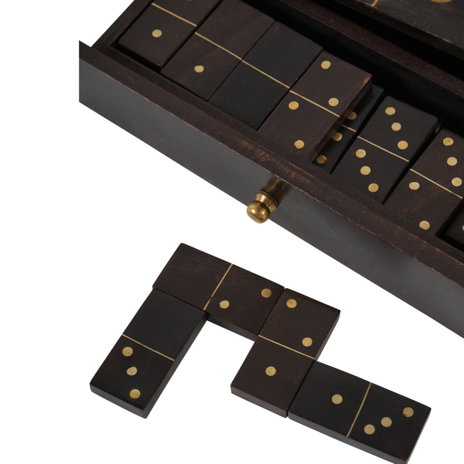Set of dominoes with a wooden box on a white background