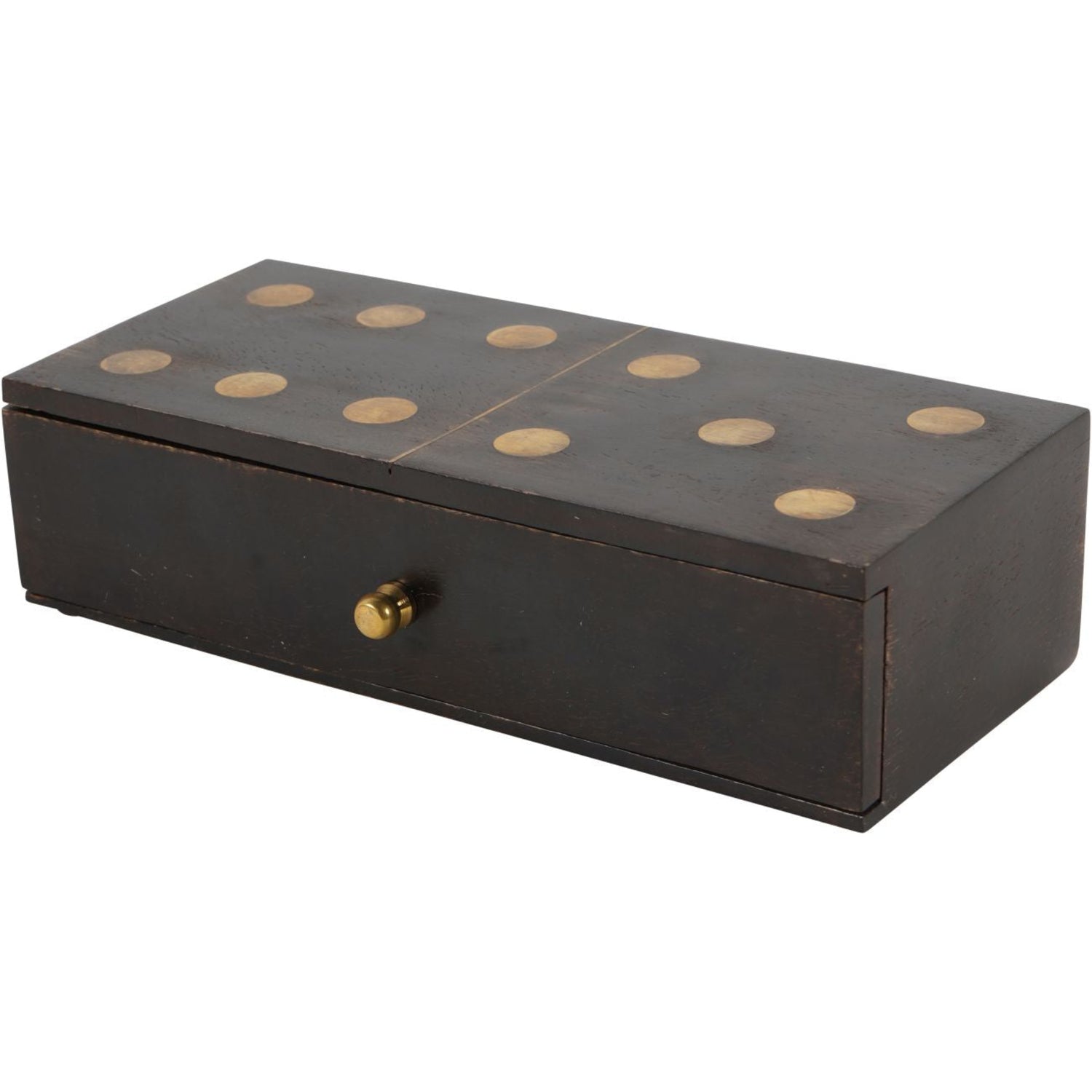 Black wooden box with gold polka dots and a gold knob on a white background