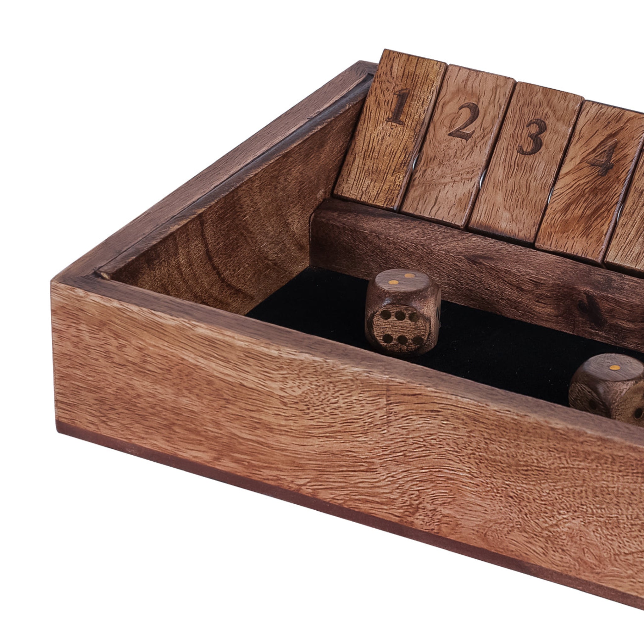 Wooden dice box with numbered lid and dice inside on a white background