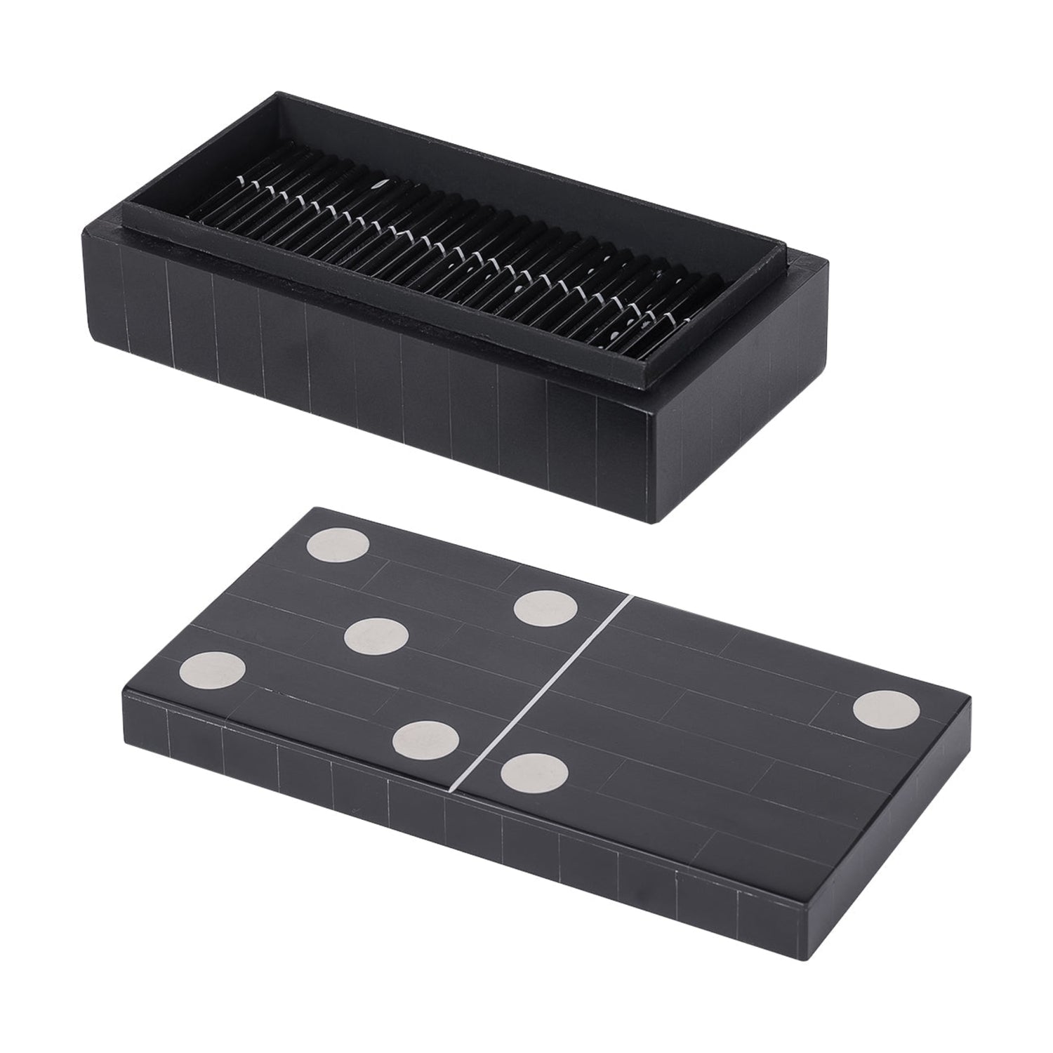 Black domino set with pieces and a storage box on a white background