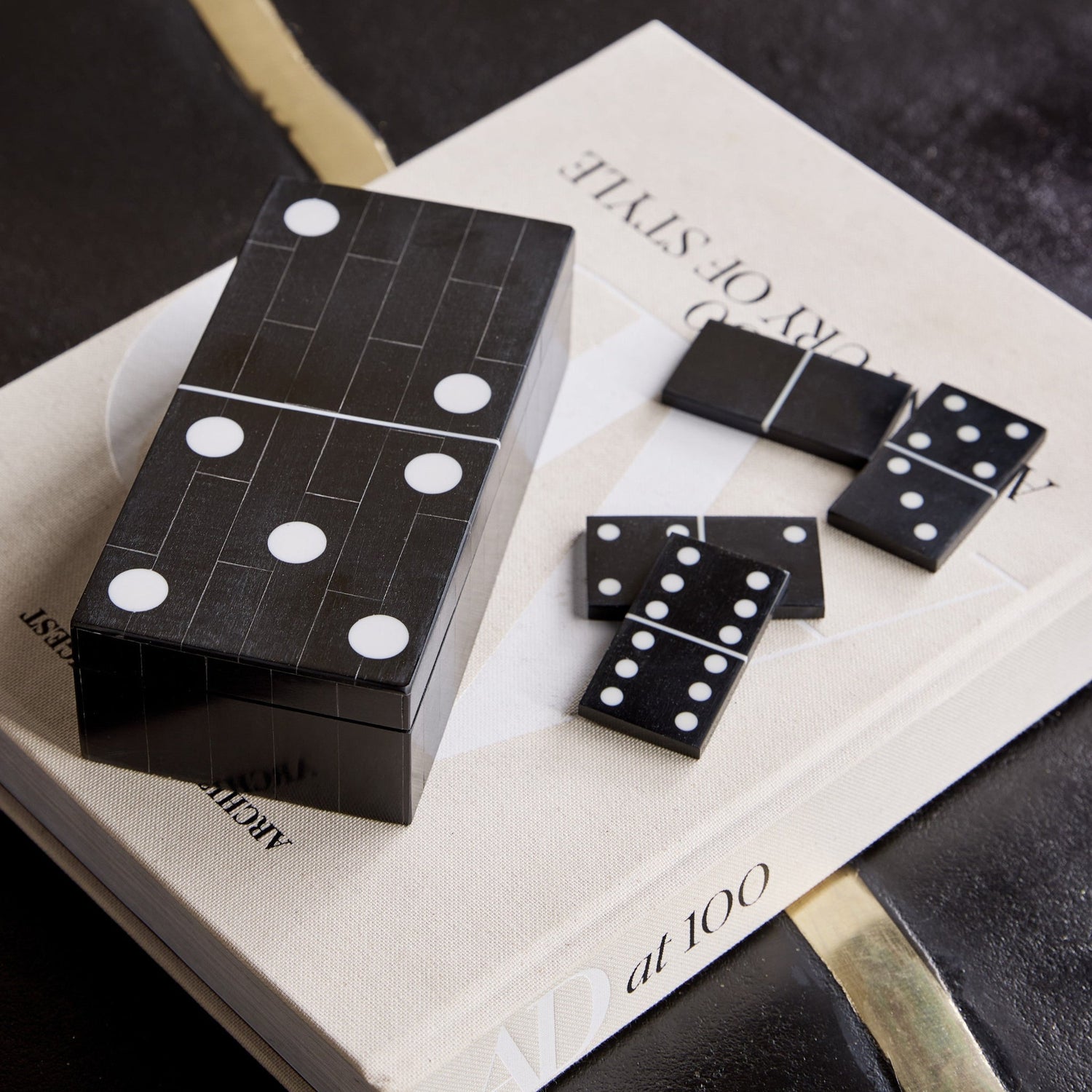 Black and white dominoes set on an open book