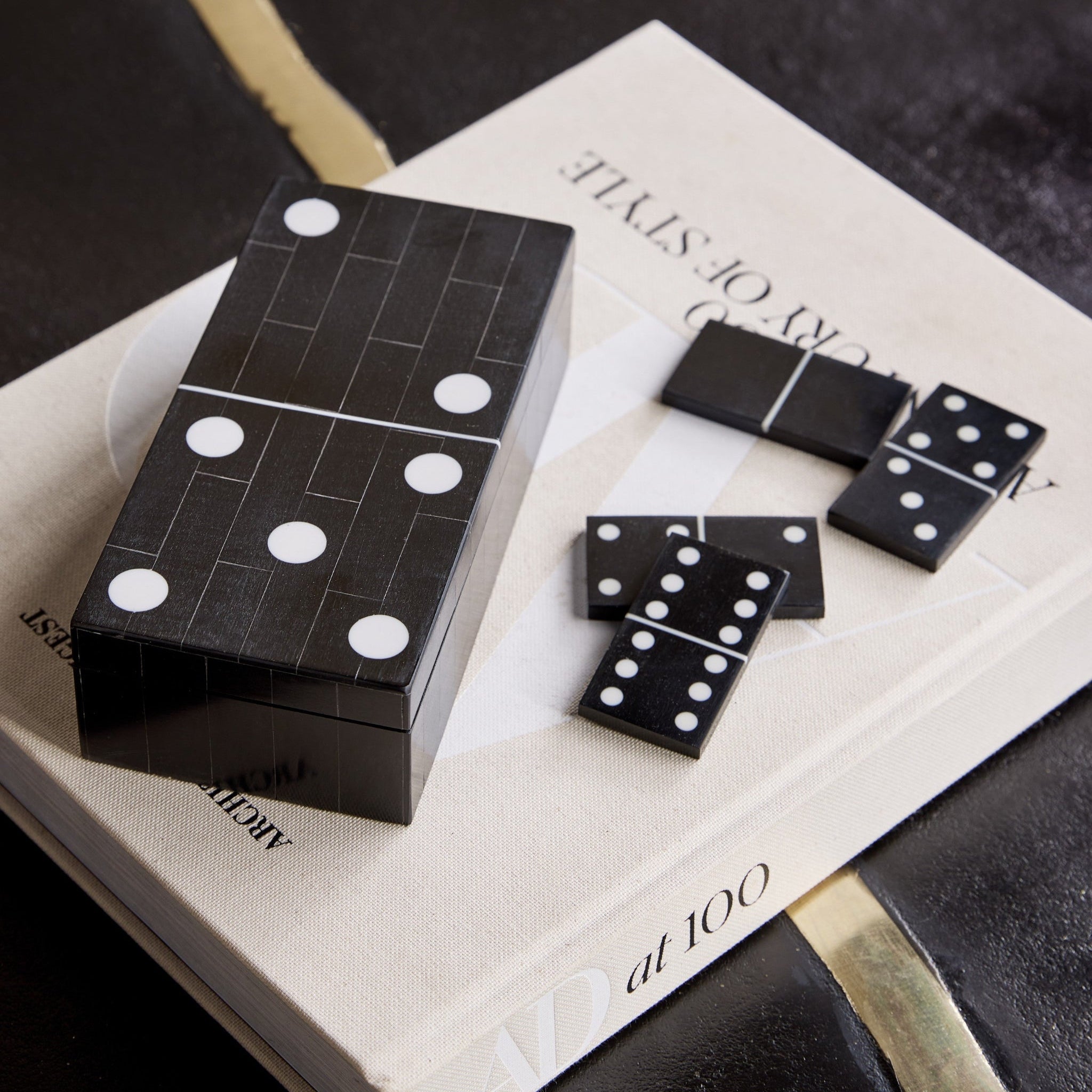Black and white dominoes set on an open book