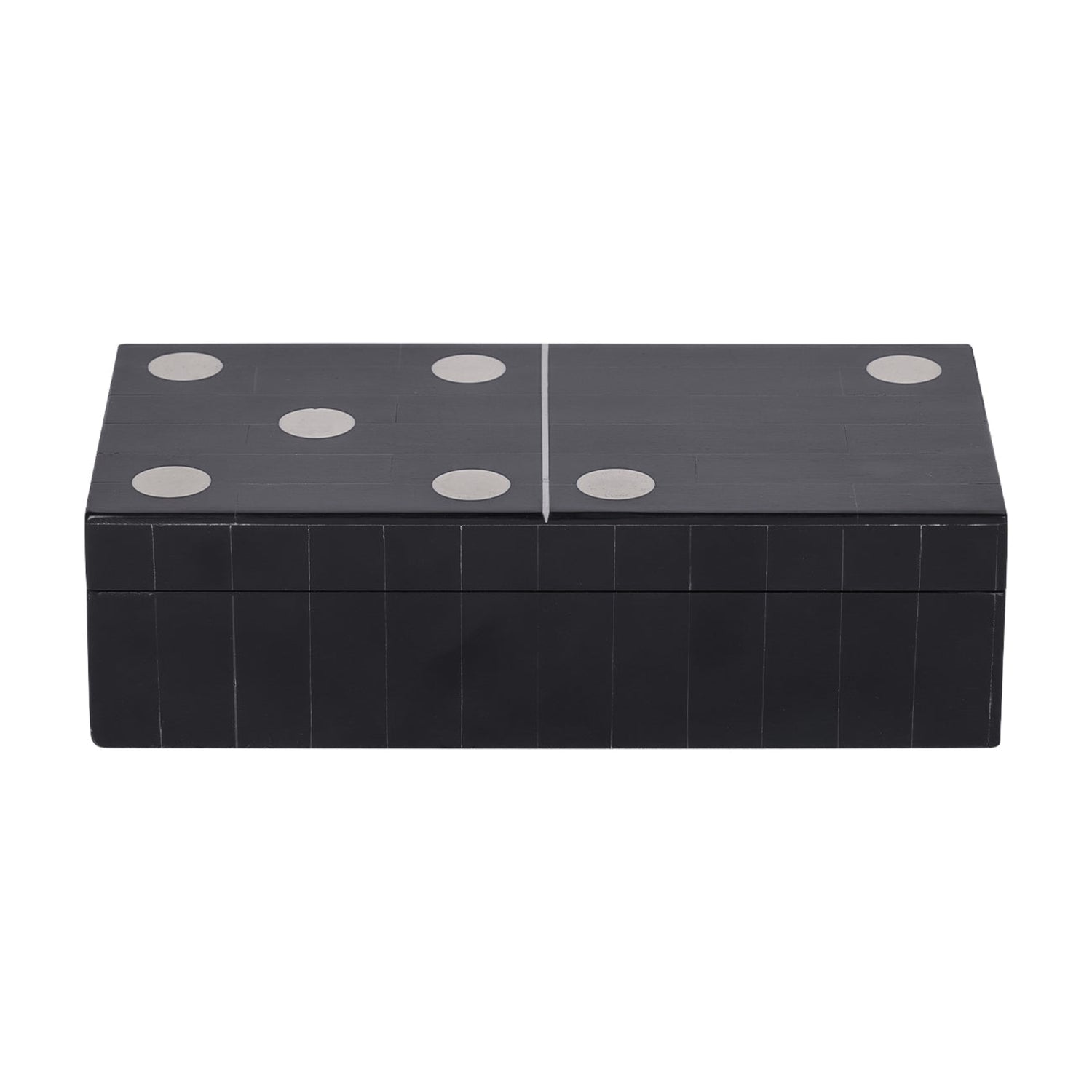 Black rectangular box with white circular patterns on a white background