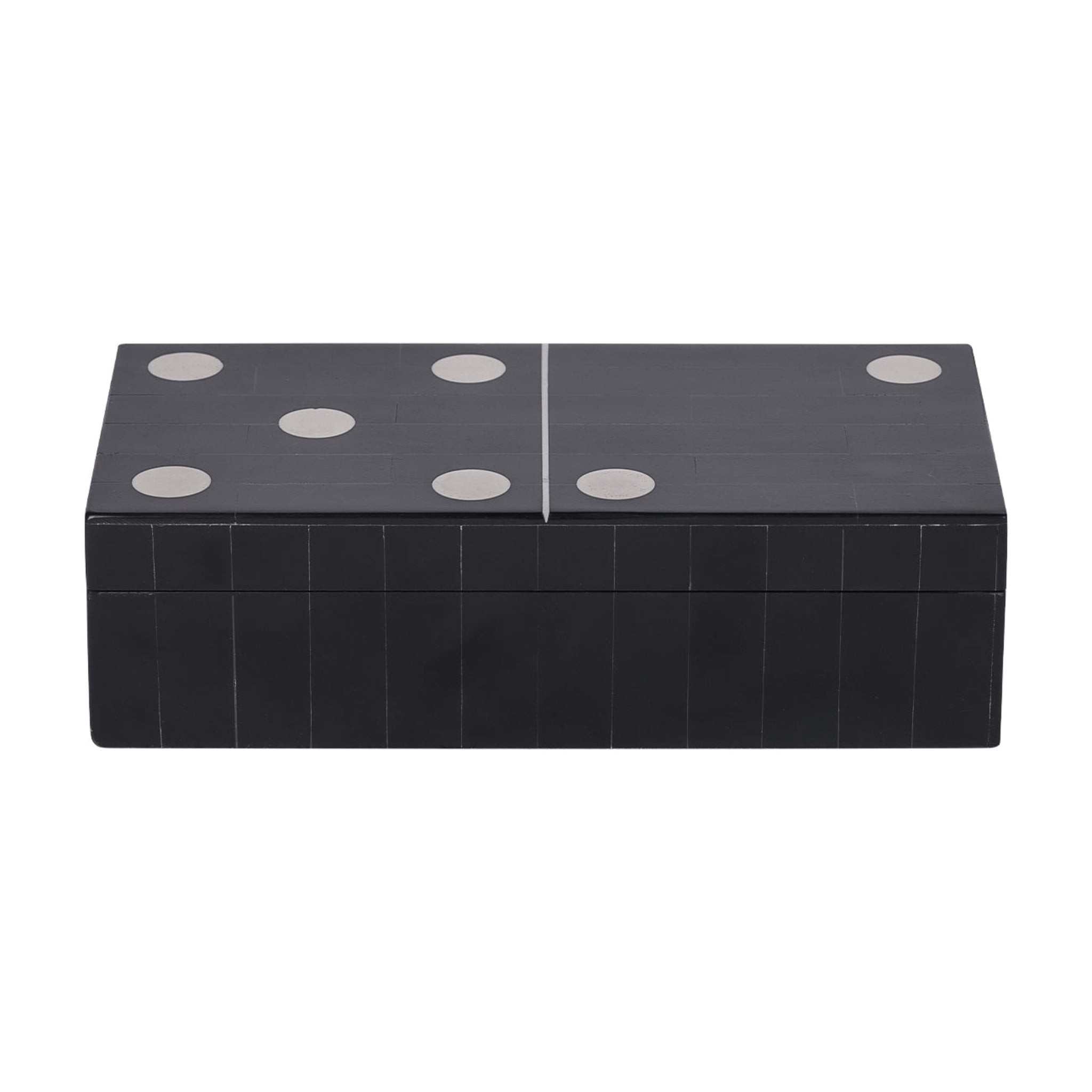 Black rectangular box with white circular patterns on a white background