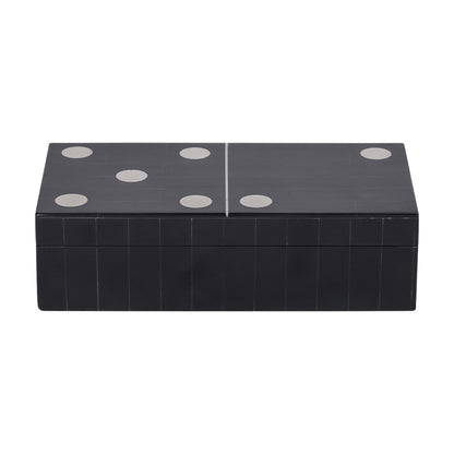 Black rectangular box with white circular patterns on a white background