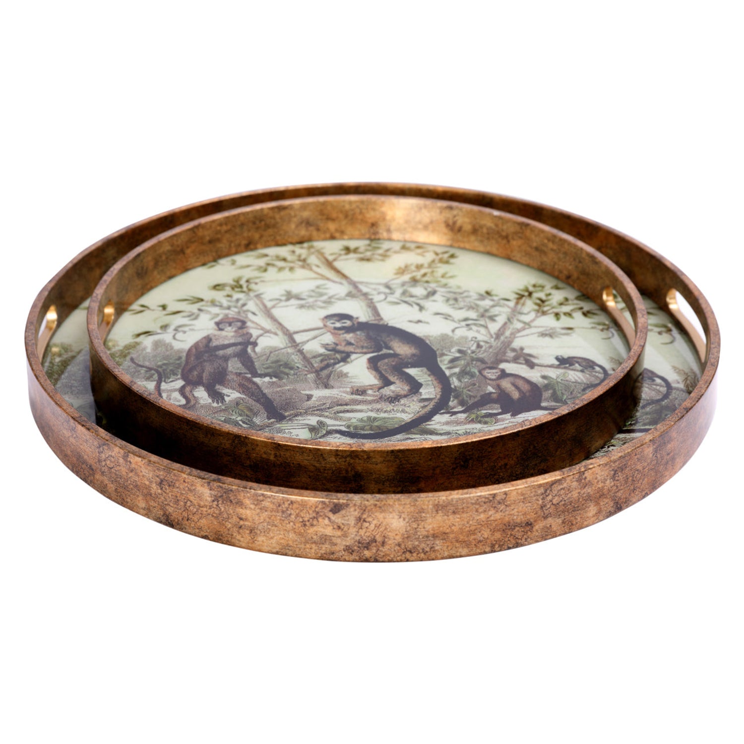 Round decorative tray with monkey design on a white background