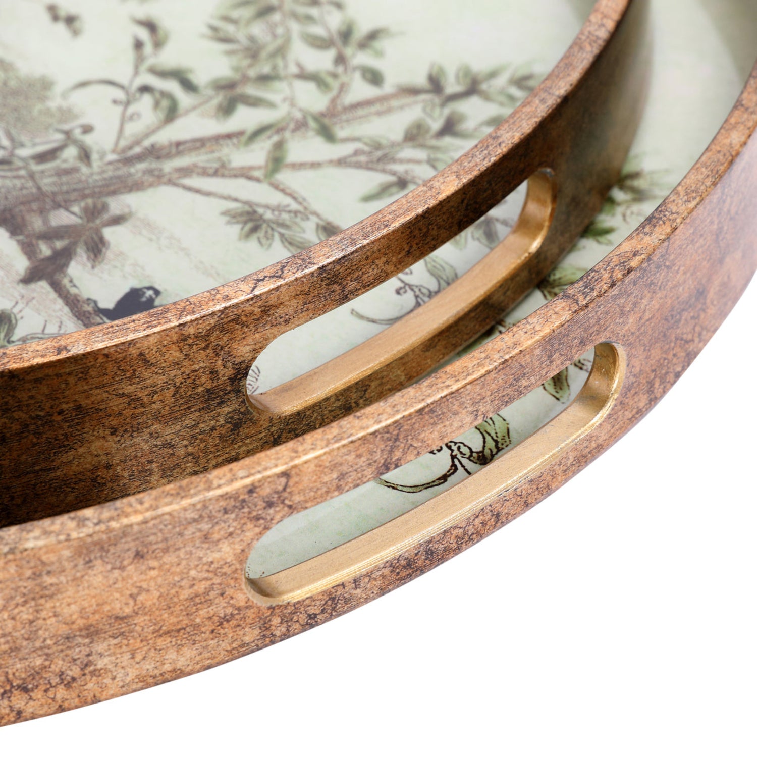 Round wooden tray with brass handles on a white background