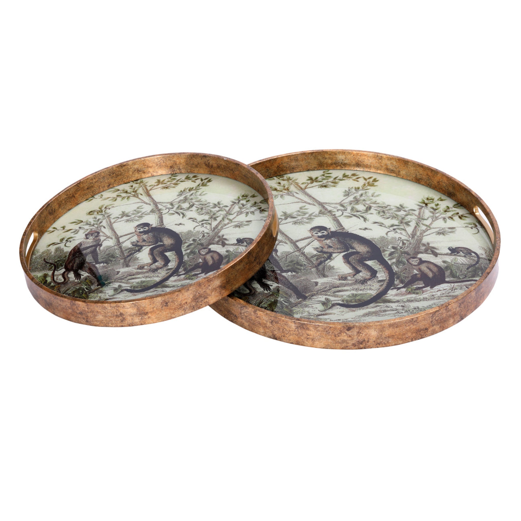 Two round decorative trays with monkey illustrations on a white background