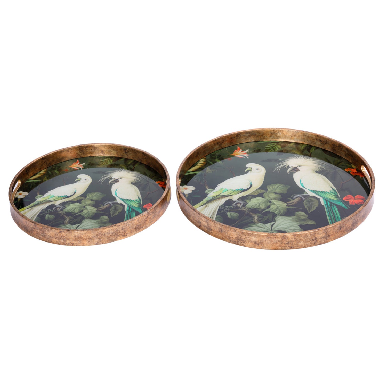 Two decorative trays with bird illustrations on a white background