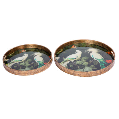 Two decorative trays with bird illustrations on a white background