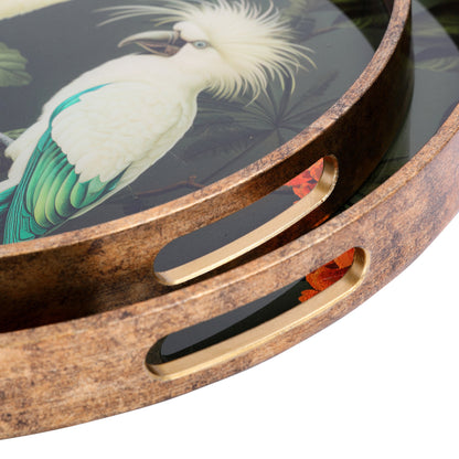 Round wooden tray with decorative edge and bird illustration on a white background