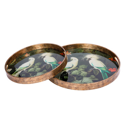 Two decorative trays with bird illustrations on a white background