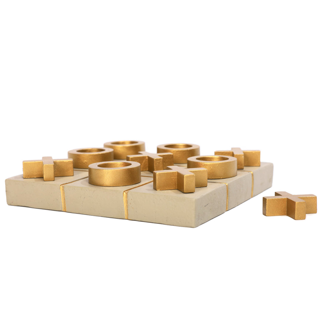 Wooden puzzle with gold accents on a white background