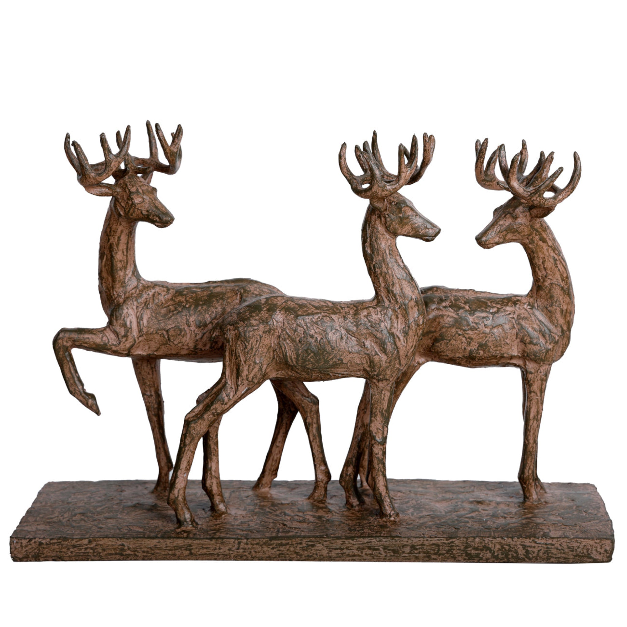 Bronze sculpture of three deer on a white background