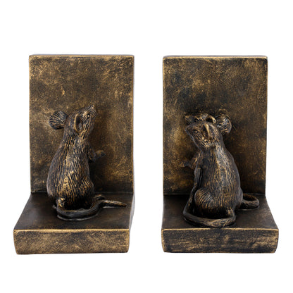 Pair of bronze mouse bookends on a white background