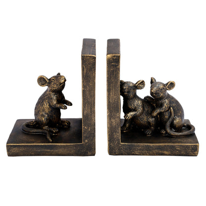 Bronze mouse bookends on a white background