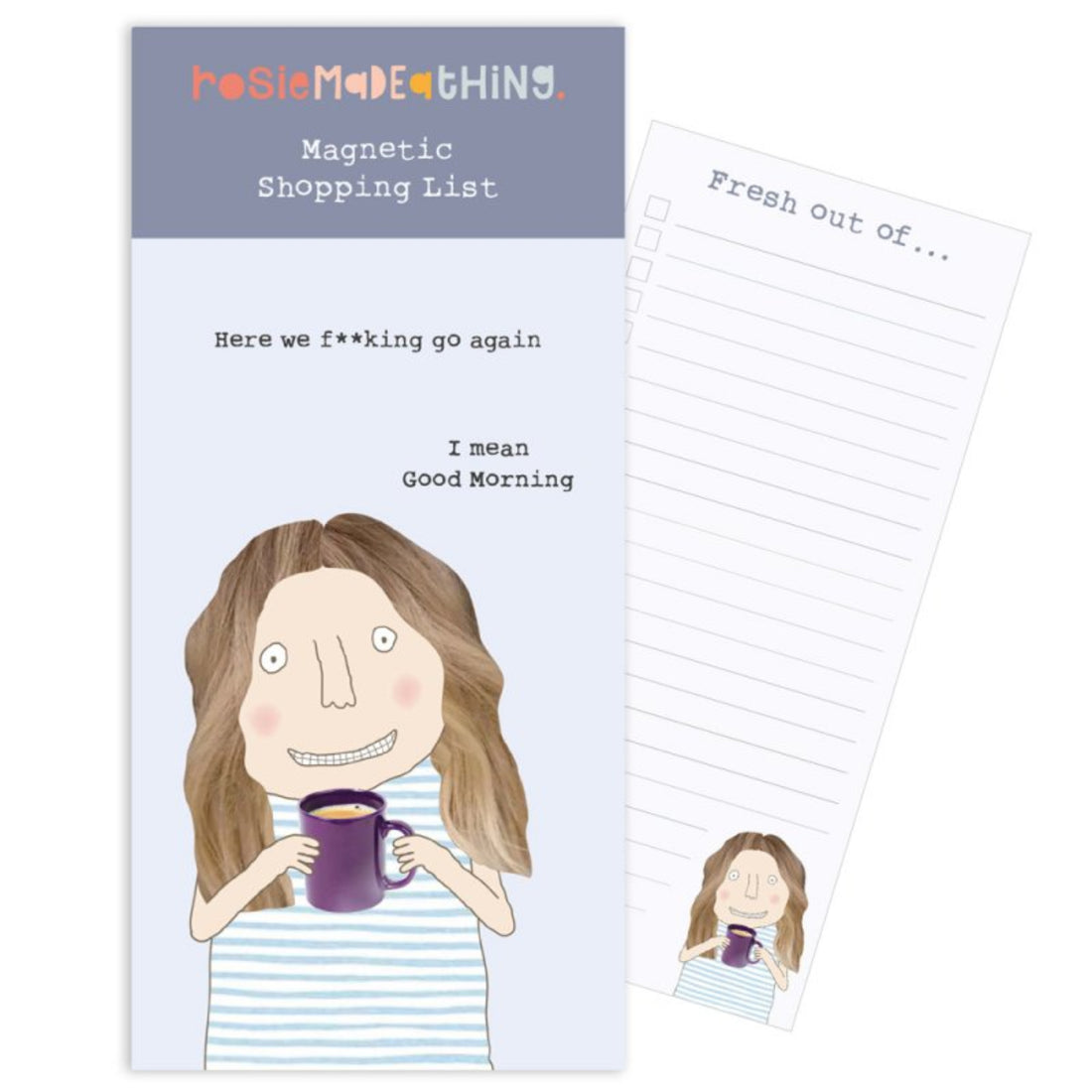 Magnetic shopping list with illustration of a woman holding a coffee cup, featuring text on a light blue background.