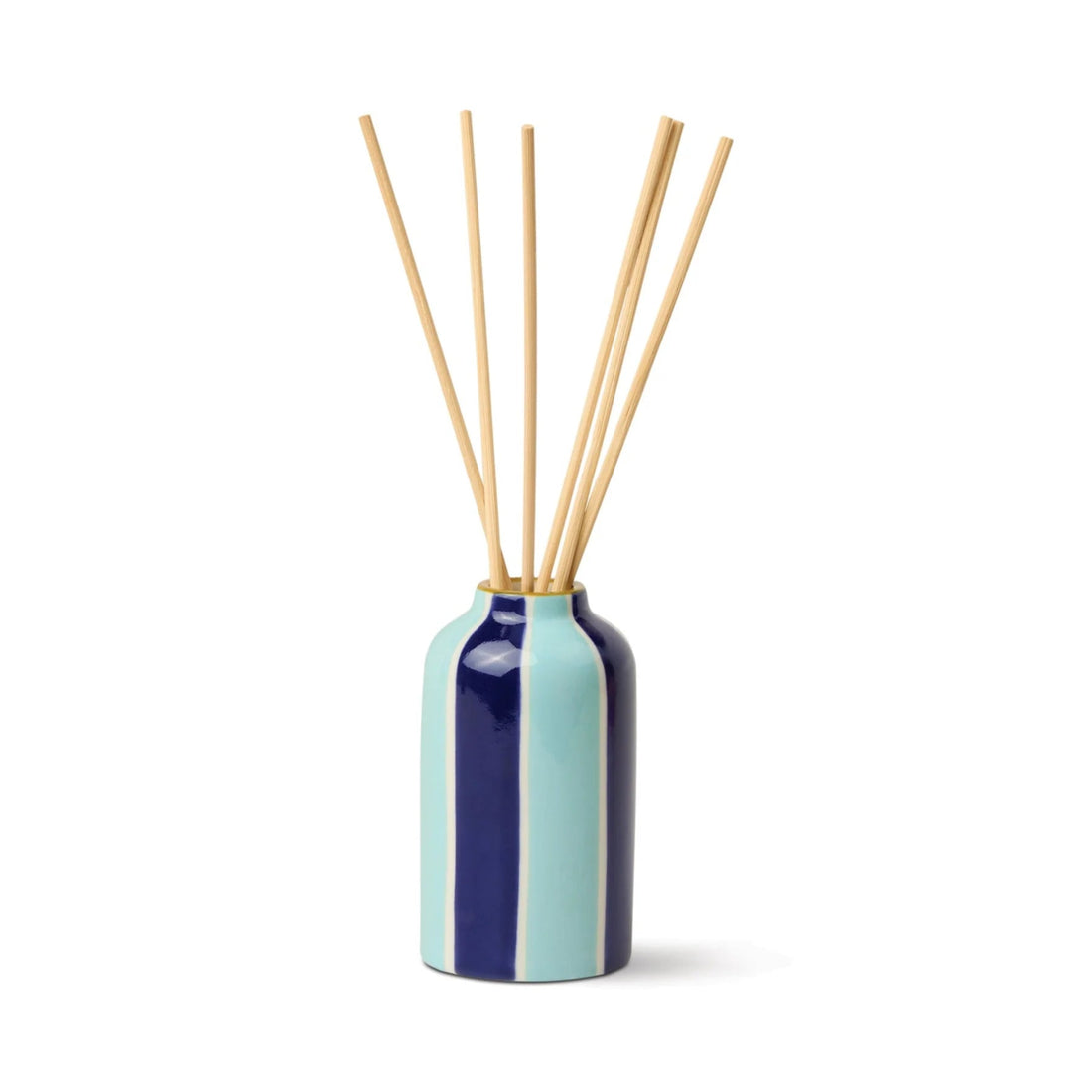 Navy and light blue striped diffuser bottle with wooden sticks on a white background