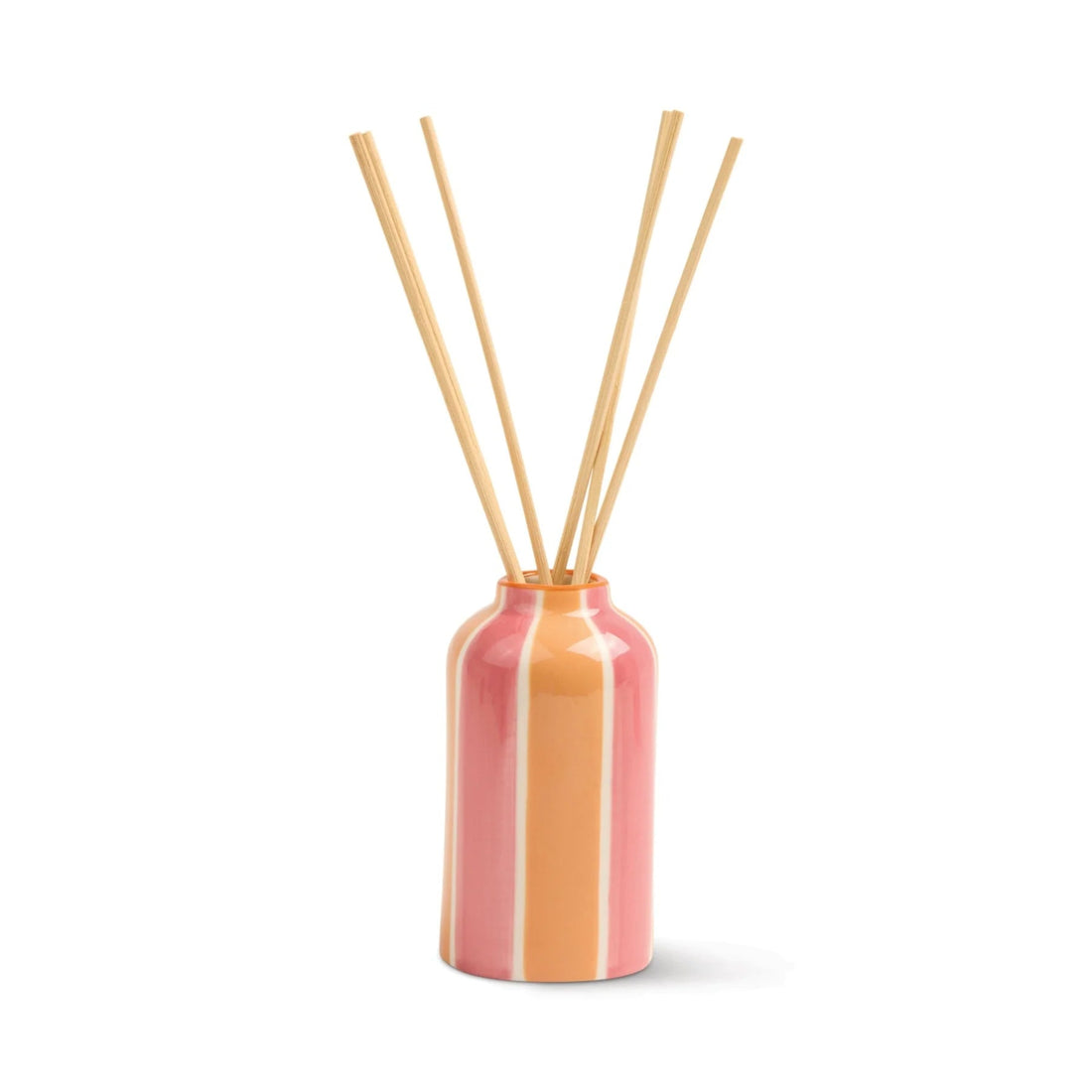 Striped diffuser bottle with wooden sticks on a white background