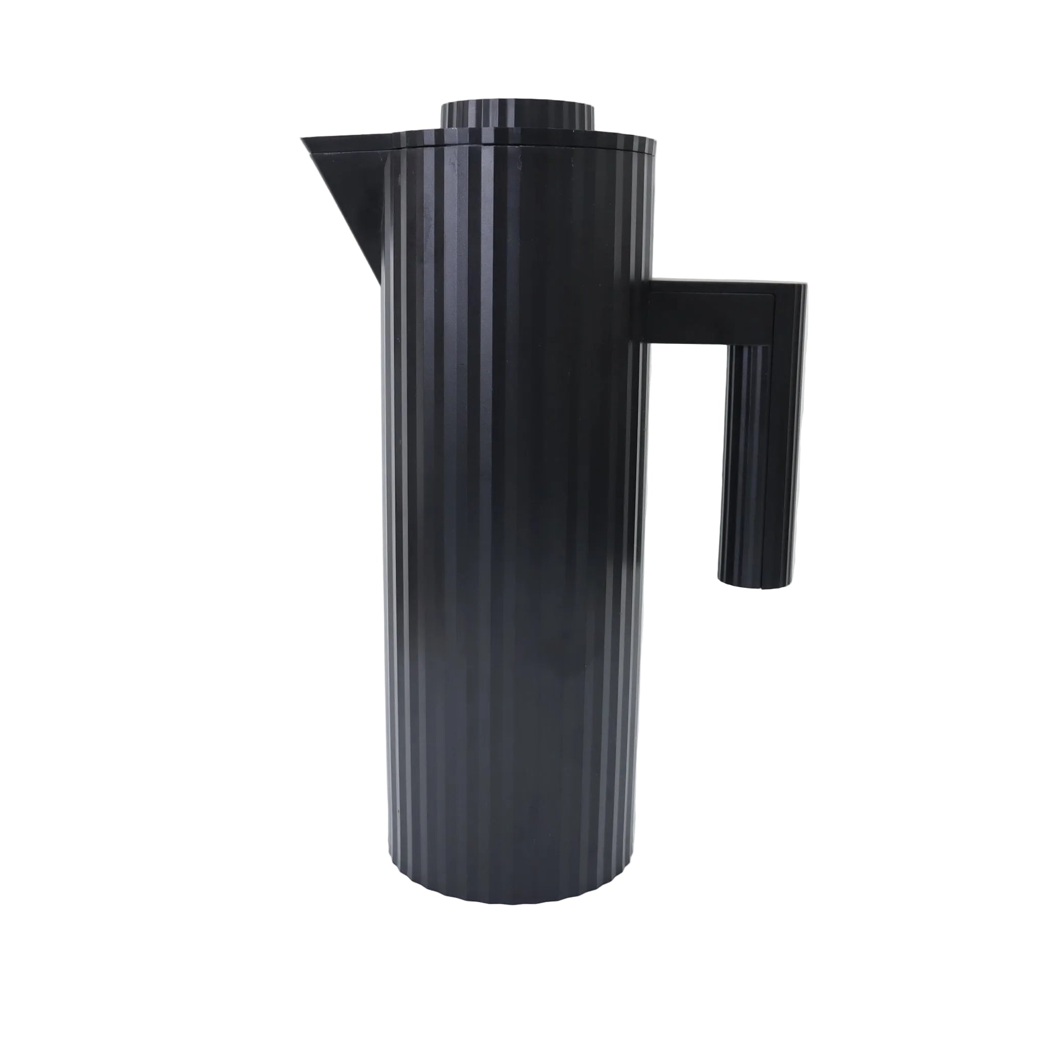 A modern black ribbed pitcher with a geometric handle and spout, shown on a clean white background.