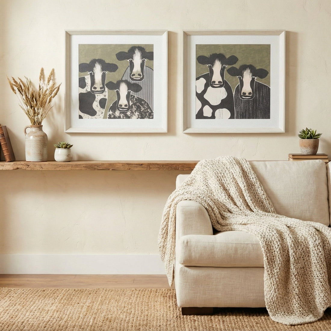 Living room with beige sofa, framed artwork, and decorative items.