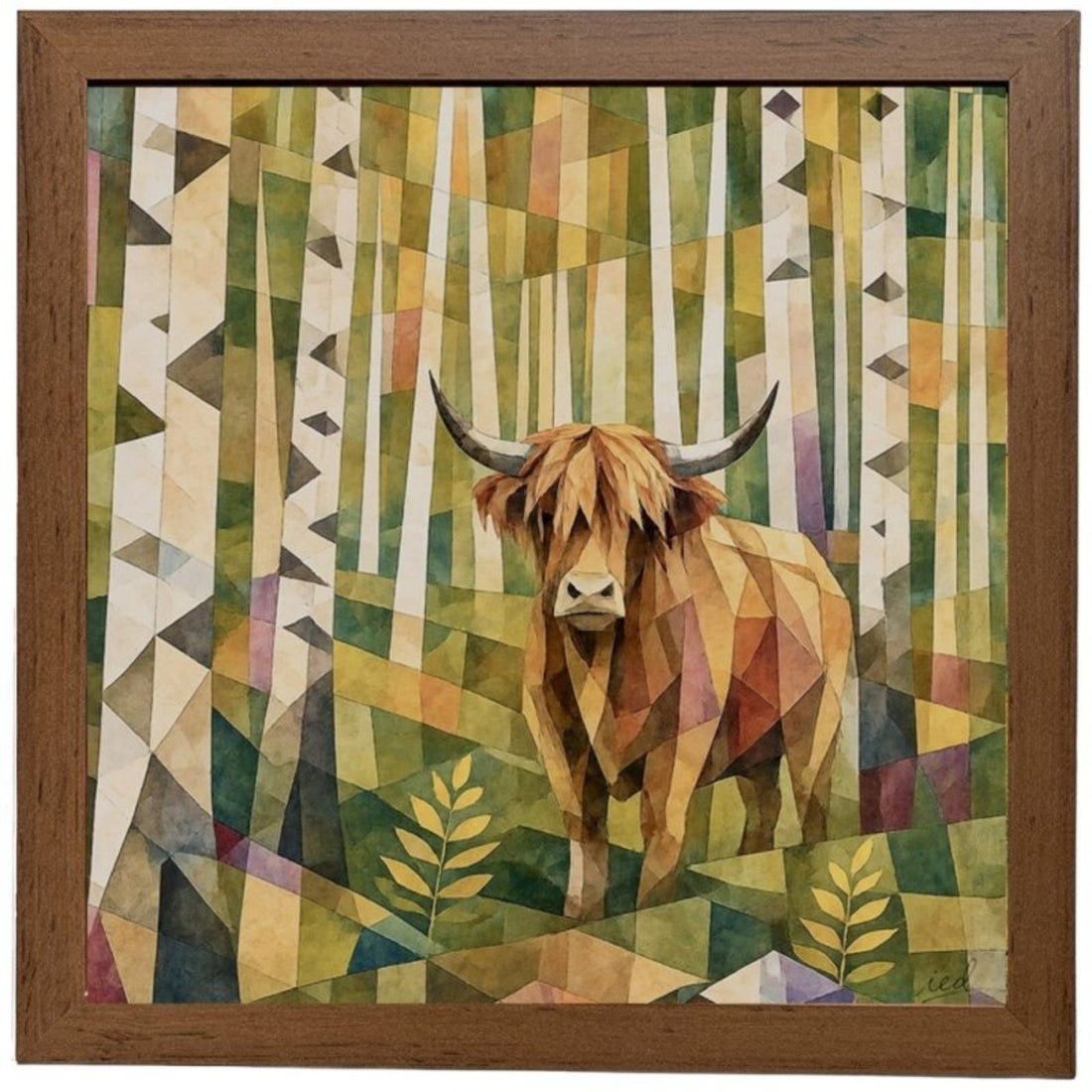 A framed square art print featuring a geometric, low-poly style illustration of a Highland cow standing in a birch forest. The artwork uses a rich palette of greens, yellows, browns, and whites, and is enclosed in a medium brown wooden frame.