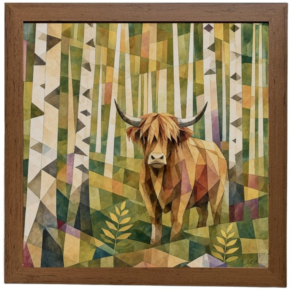 A framed square art print featuring a geometric, low-poly style illustration of a Highland cow standing in a birch forest. The artwork uses a rich palette of greens, yellows, browns, and whites, and is enclosed in a medium brown wooden frame.