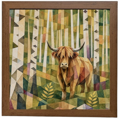 A framed square art print featuring a geometric, low-poly style illustration of a Highland cow standing in a birch forest. The artwork uses a rich palette of greens, yellows, browns, and whites, and is enclosed in a medium brown wooden frame.