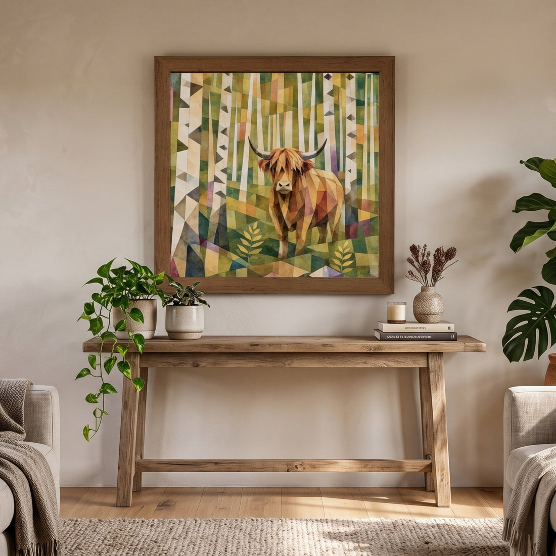A framed art print depicting a Highland cow in a colorful forest, displayed on a wooden console table in a cozy, modern living room with beige sofas and potted plants.