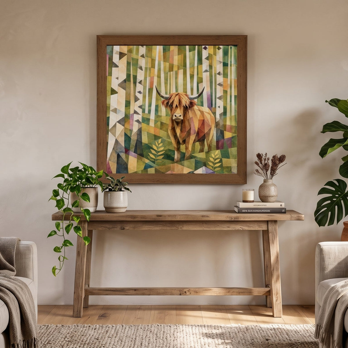 A framed art print depicting a Highland cow in a colorful forest, displayed on a wooden console table in a cozy, modern living room with beige sofas and potted plants.