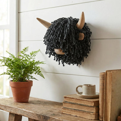 Aquarelle Home Ailsa Mini Wall Mounted Highland Cow Head Jute Black