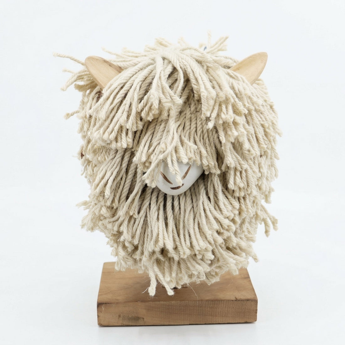 Textured head sculpture on a wooden base against a white background