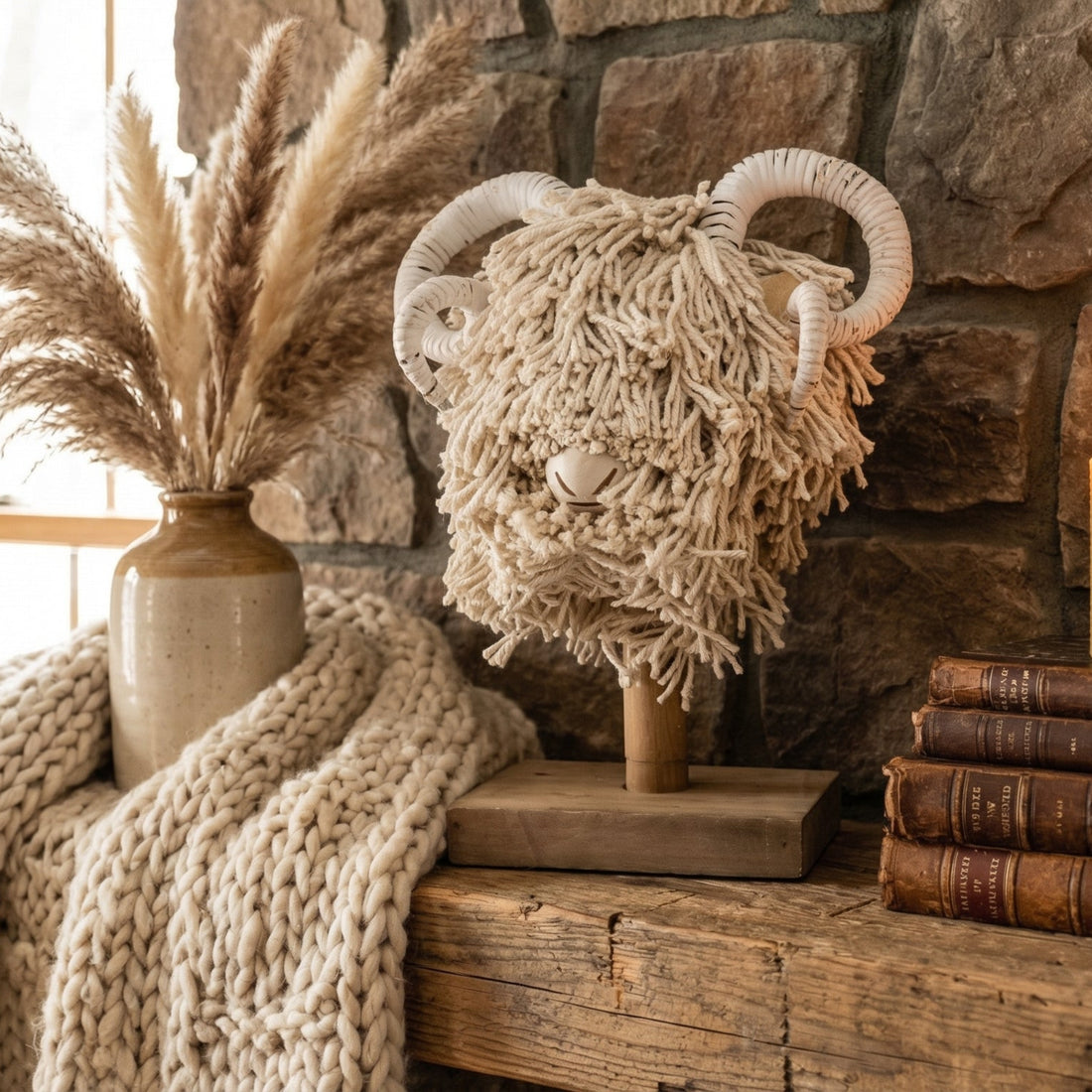 Decorative setup with a stone wall, books, a candle, and a decorative ram head.