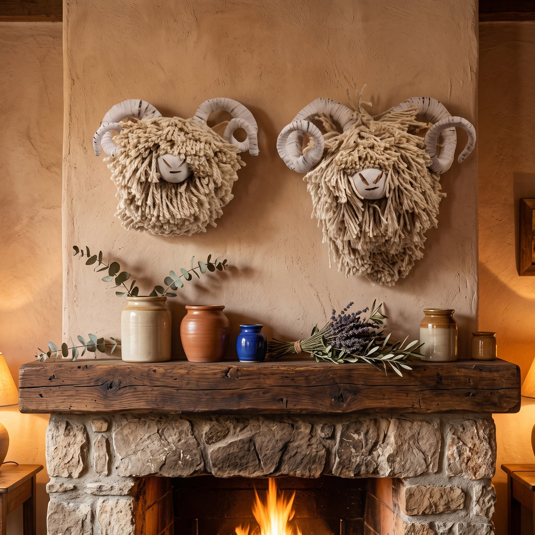 Two rustic woven ram head wall hangings with curved horns are displayed above a stone fireplace mantel with ceramic vases, dried lavender, and greenery in a warm, cozy interior setting.