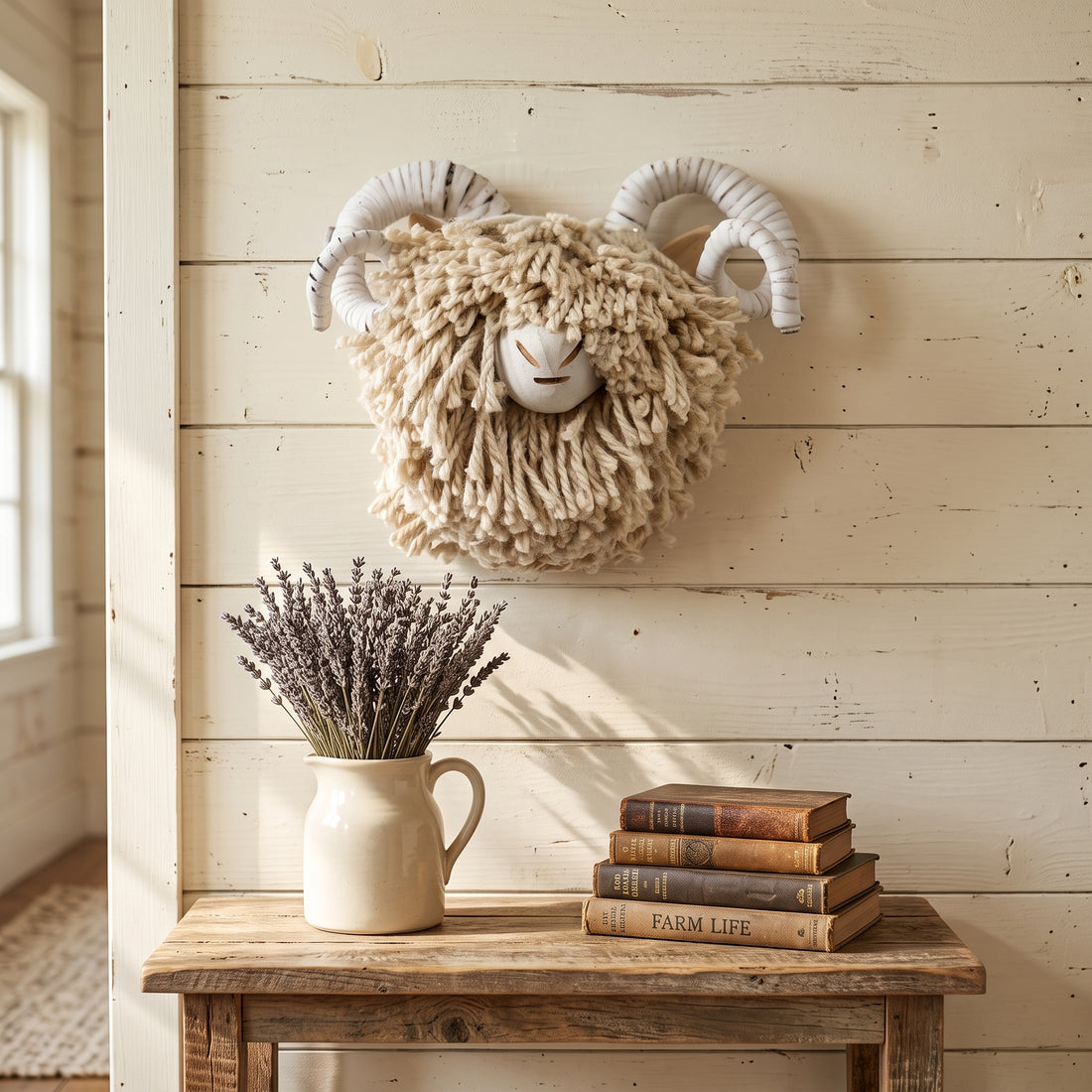 A rustic decorative ram head wall hanging with curly cream wool and white curled horns, mounted on a light wood plank wall above a wooden bench with a vase of dried lavender and a stack of books.