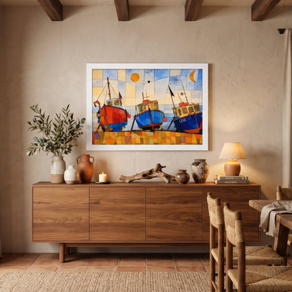 A framed colorful painting of three boats on a beach hangs on a beige wall in a rustic dining room with a wooden sideboard, table, chairs, and large windows.
