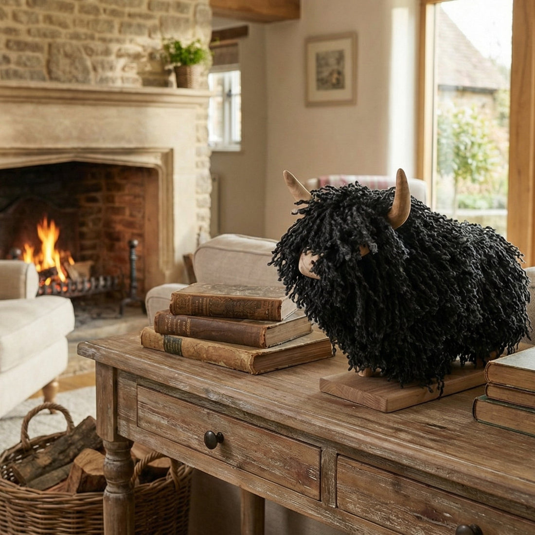 Living room with fireplace, armchair, and decorative items on a wooden table.
