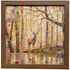 Framed square wall art featuring a stylized deer standing in a patchwork forest scene with trees, branches, and reflective water, surrounded by a medium brown wooden frame.