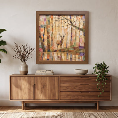A framed vertical forest painting with a deer hangs on a textured beige wall above a mid-century modern wooden sideboard in a styled living room setting.
